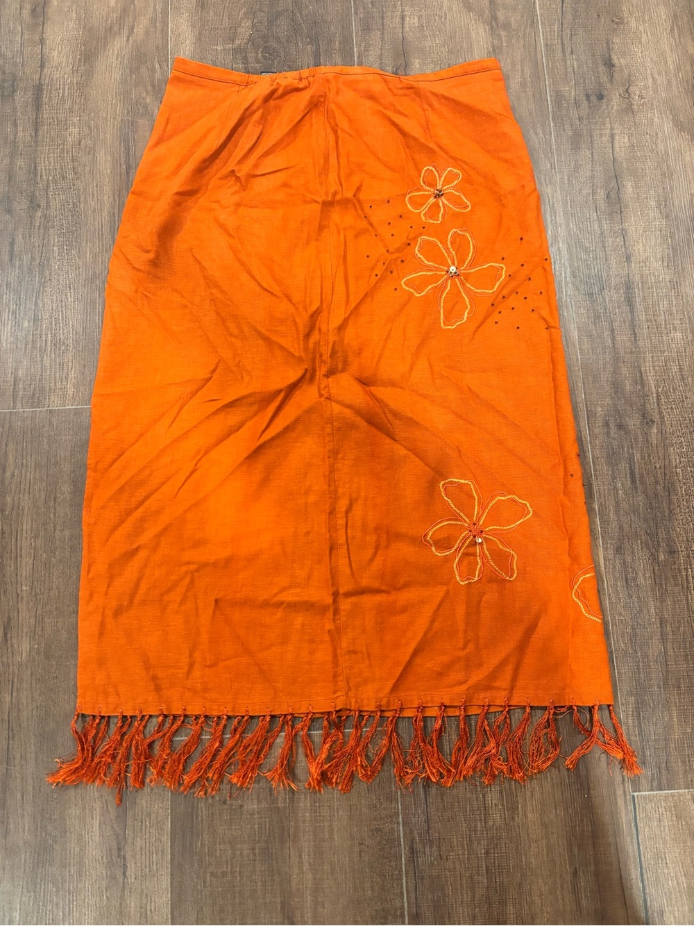Y2K Requirements 55% Linen Orange, Fringe,Beaded, Embroidered Midi Skirt Size L